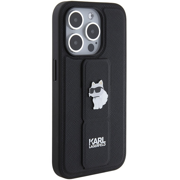 Puzdro MagSafe pre Apple iPhone 15 Pro Max, Karl Lagerfeld, Saffiano Gripstand Choupette, Čierne