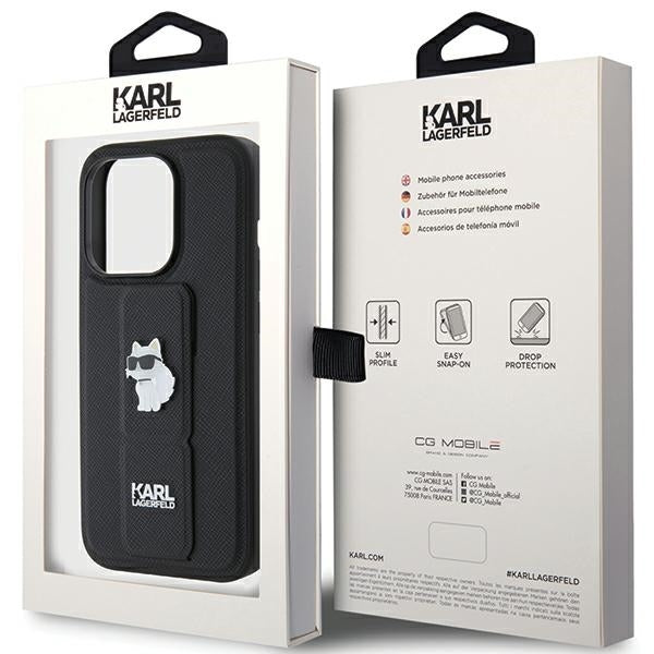 Puzdro MagSafe pre Apple iPhone 15 Pro Max, Karl Lagerfeld, Saffiano Gripstand Choupette, Čierne