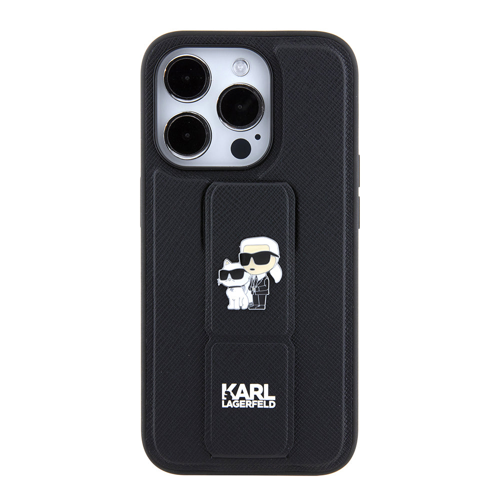 Puzdro MagSafe pre Apple iPhone 15 Pro Max, Karl Lagerfeld, Saffiano Gripstand Karl & Choupette, Čierne