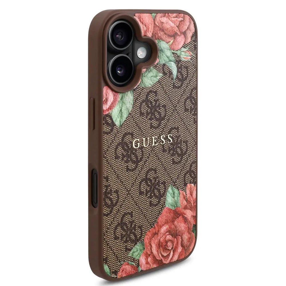 Puzdro MagSafe pre Apple iPhone 16, Guess, 4G Flowers Print, Hnedá