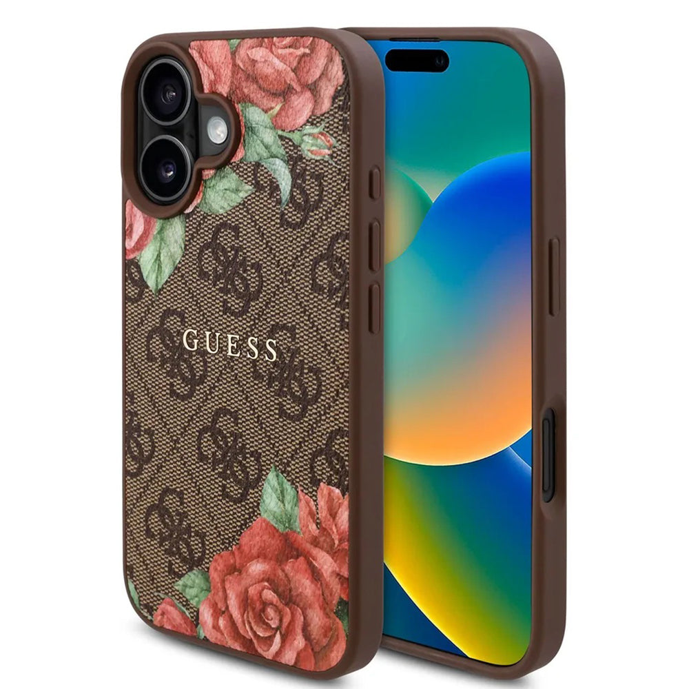 Puzdro MagSafe pre Apple iPhone 16, Guess, 4G Flowers Print, Hnedá