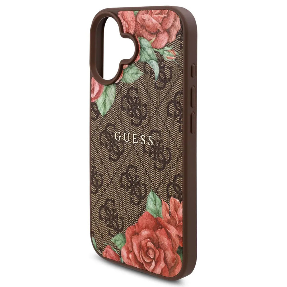 Puzdro MagSafe pre Apple iPhone 16, Guess, 4G Flowers Print, Hnedá