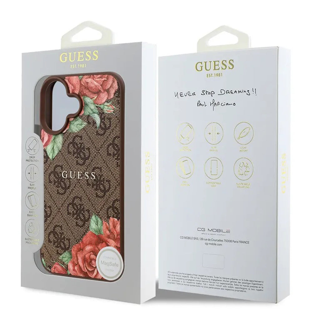 Puzdro MagSafe pre Apple iPhone 16, Guess, 4G Flowers Print, Hnedá