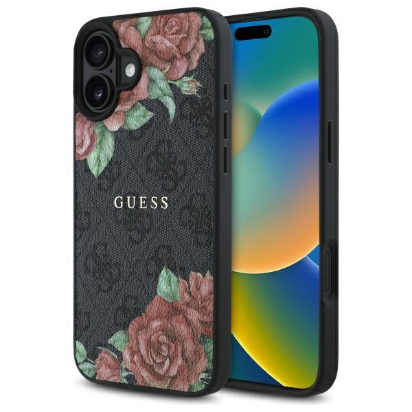 Puzdro MagSafe pre Apple iPhone 16, Guess, 4G Flowers Print, Čierne