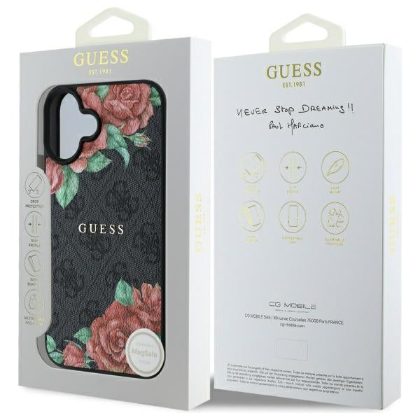 Puzdro MagSafe pre Apple iPhone 16, Guess, 4G Flowers Print, Čierne