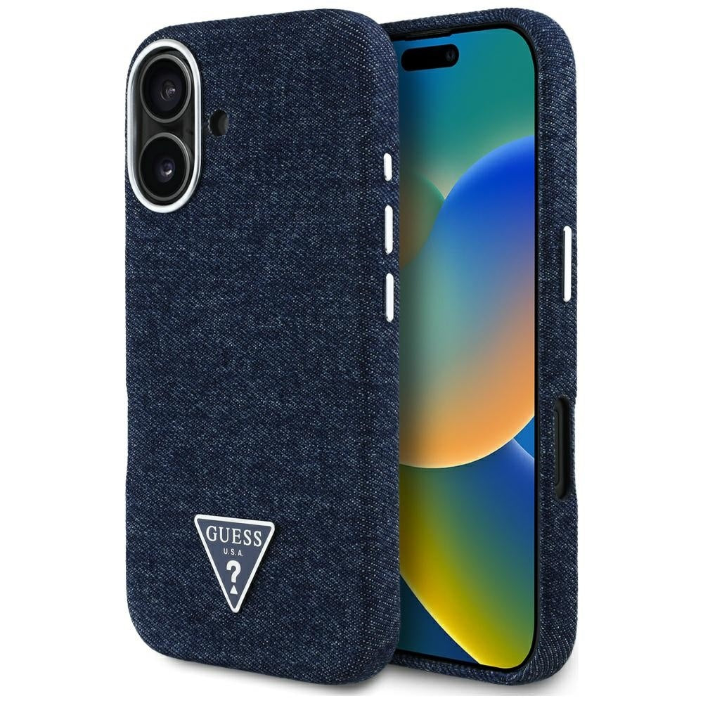 MagSafe Case for Apple iPhone 16, Guess, Denim Triangle Logo, Blue
