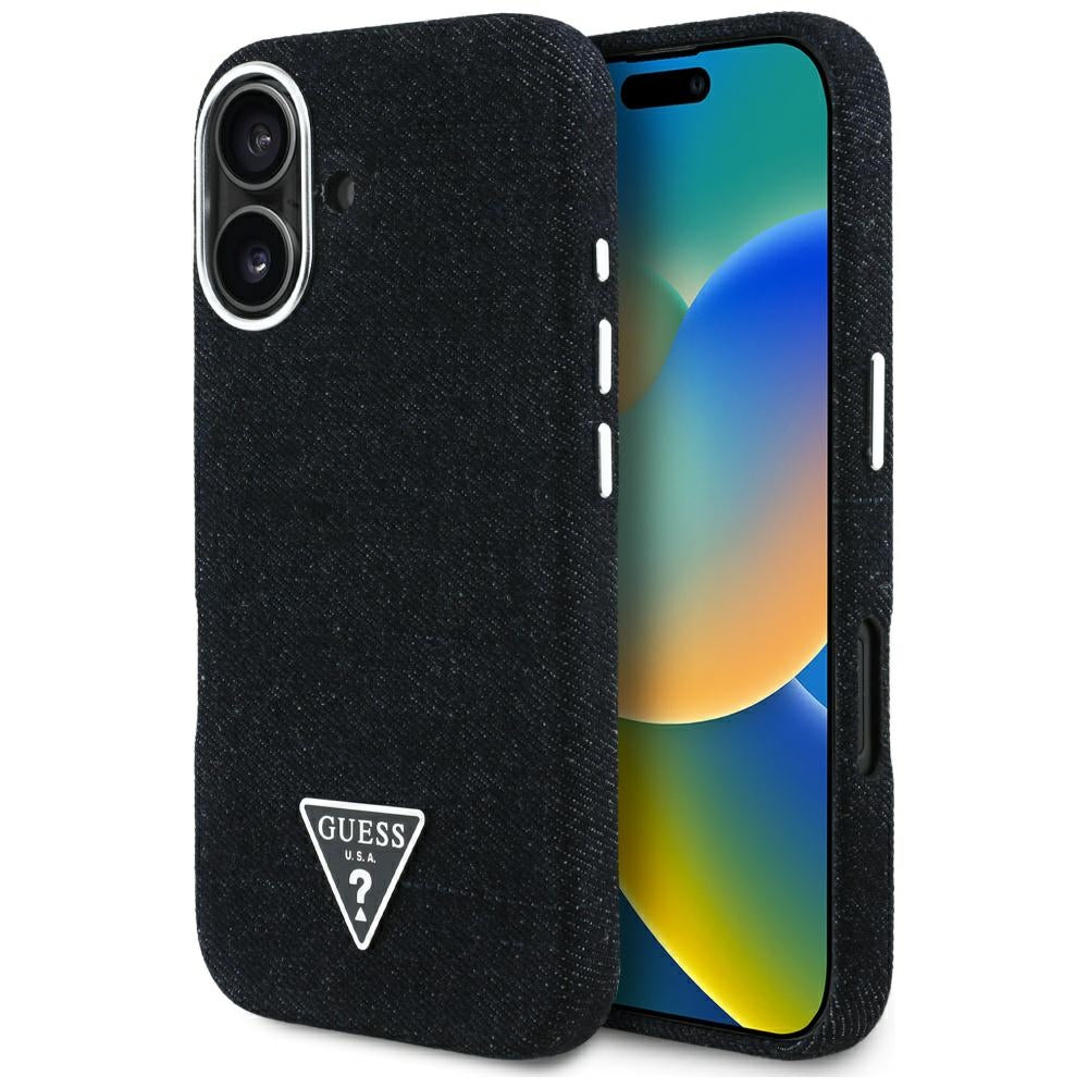 Puzdro MagSafe pre Apple iPhone 16, Guess, Denim Triangle Logo, Čierne