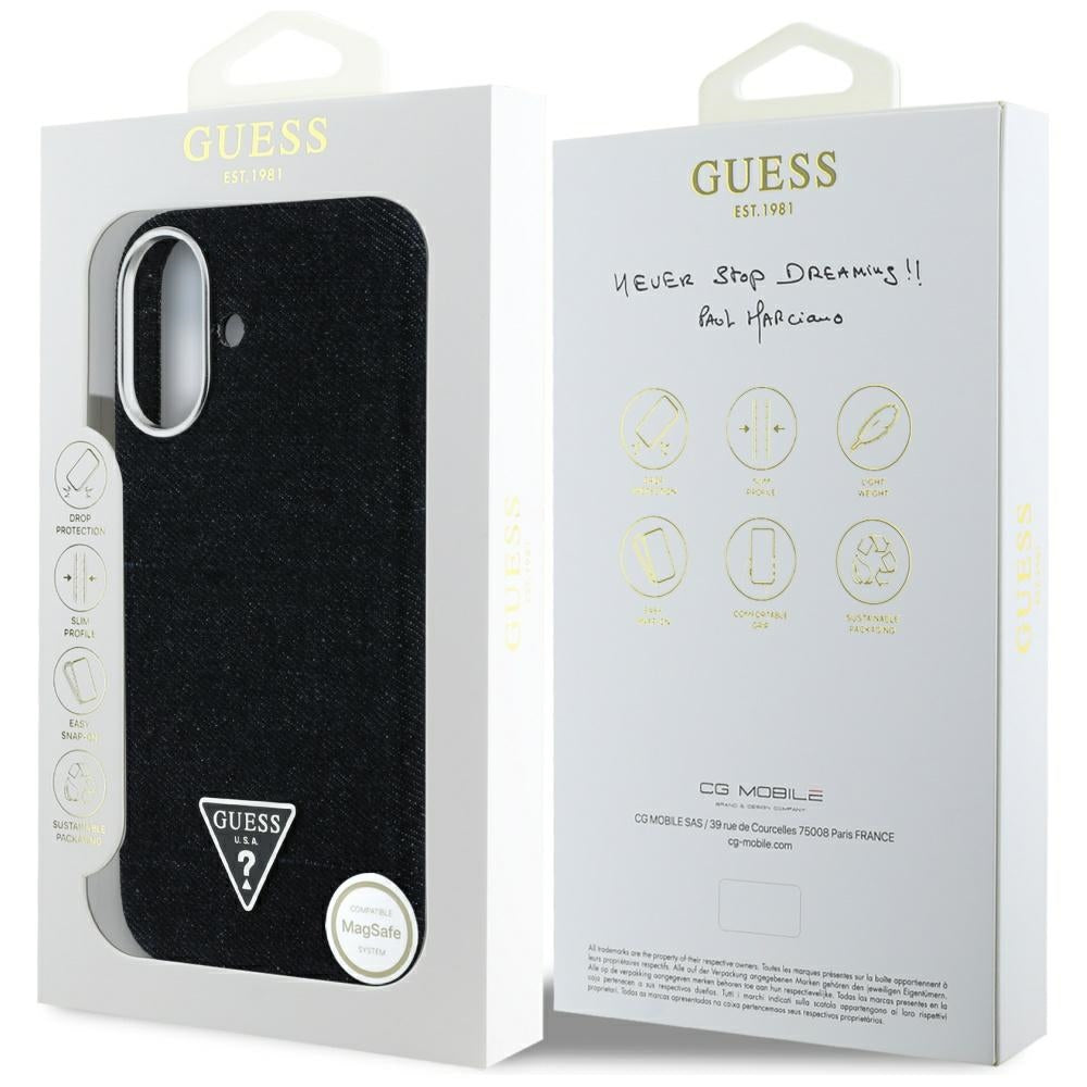 Puzdro MagSafe pre Apple iPhone 16, Guess, Denim Triangle Logo, Čierne