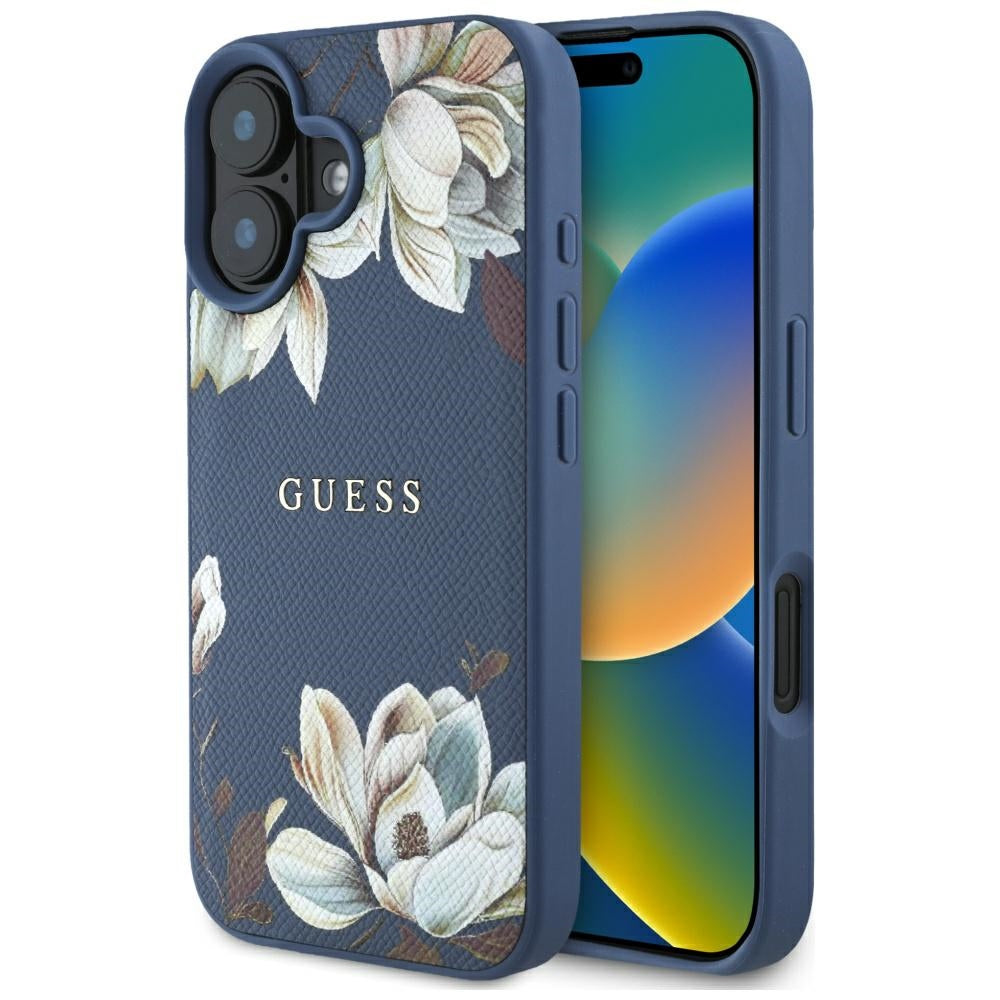 Puzdro MagSafe pre Apple iPhone 16, Guess, Grained Flowers, Modrá