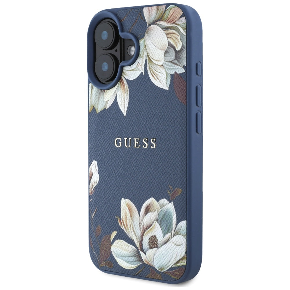 Puzdro MagSafe pre Apple iPhone 16, Guess, Grained Flowers, Modrá