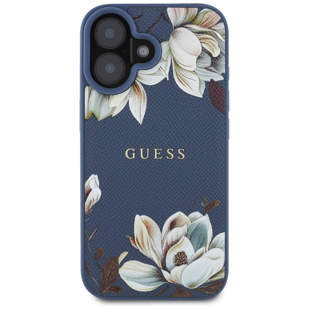 Puzdro MagSafe pre Apple iPhone 16, Guess, Grained Flowers, Modrá