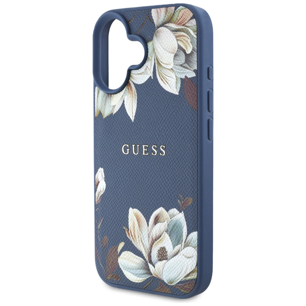 Puzdro MagSafe pre Apple iPhone 16, Guess, Grained Flowers, Modrá