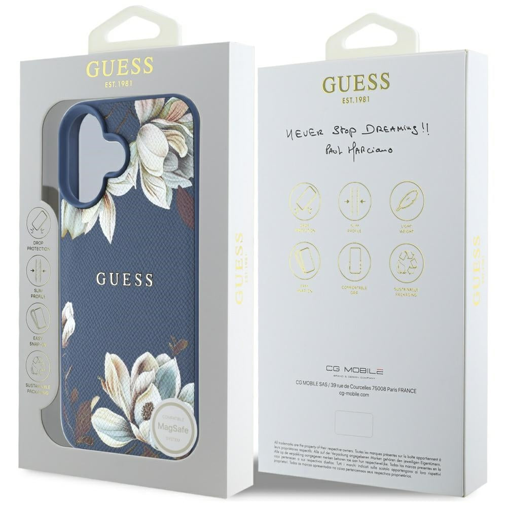 Puzdro MagSafe pre Apple iPhone 16, Guess, Grained Flowers, Modrá