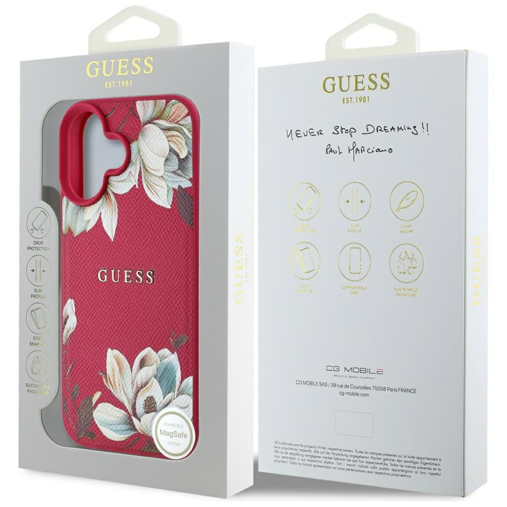Puzdro MagSafe pre Apple iPhone 16, Guess, Grained Flowers, Fuksia
