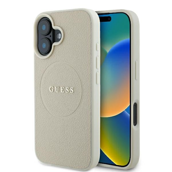 Puzdro MagSafe pre Apple iPhone 16, Guess, Grained Gold Ring, Bežové