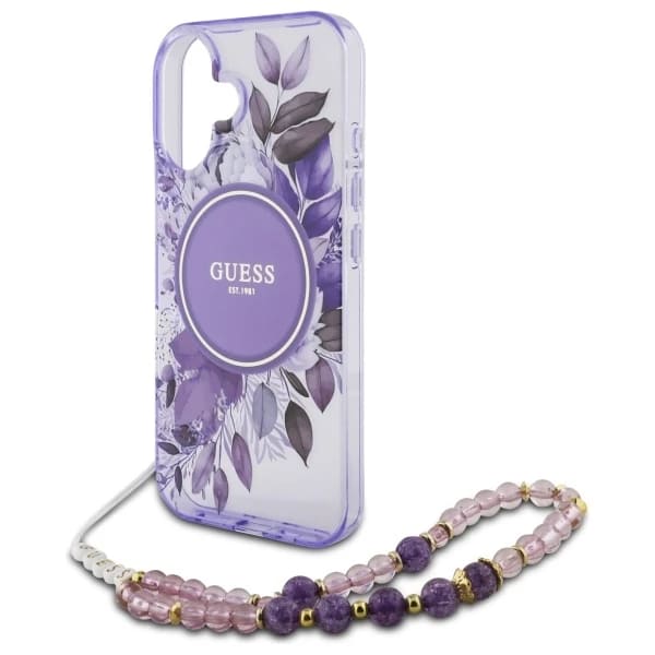 MagSafe Case for Apple iPhone 16, Guess, IML Flowers with Pearl Strap, Purple