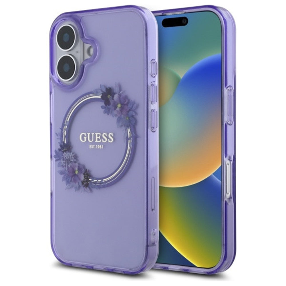 Puzdro MagSafe pre Apple iPhone 16, Guess, IML Flowers Wreath, Fialová