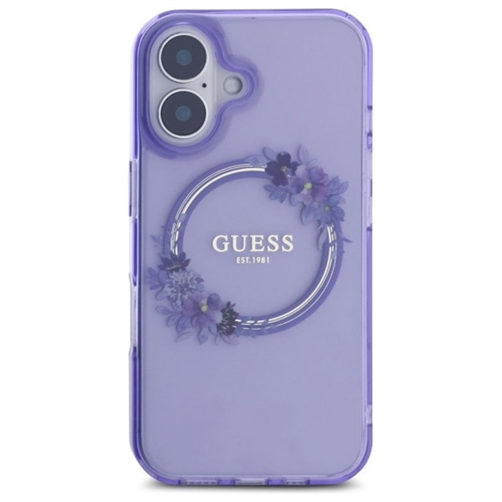 Puzdro MagSafe pre Apple iPhone 16, Guess, IML Flowers Wreath, Fialová