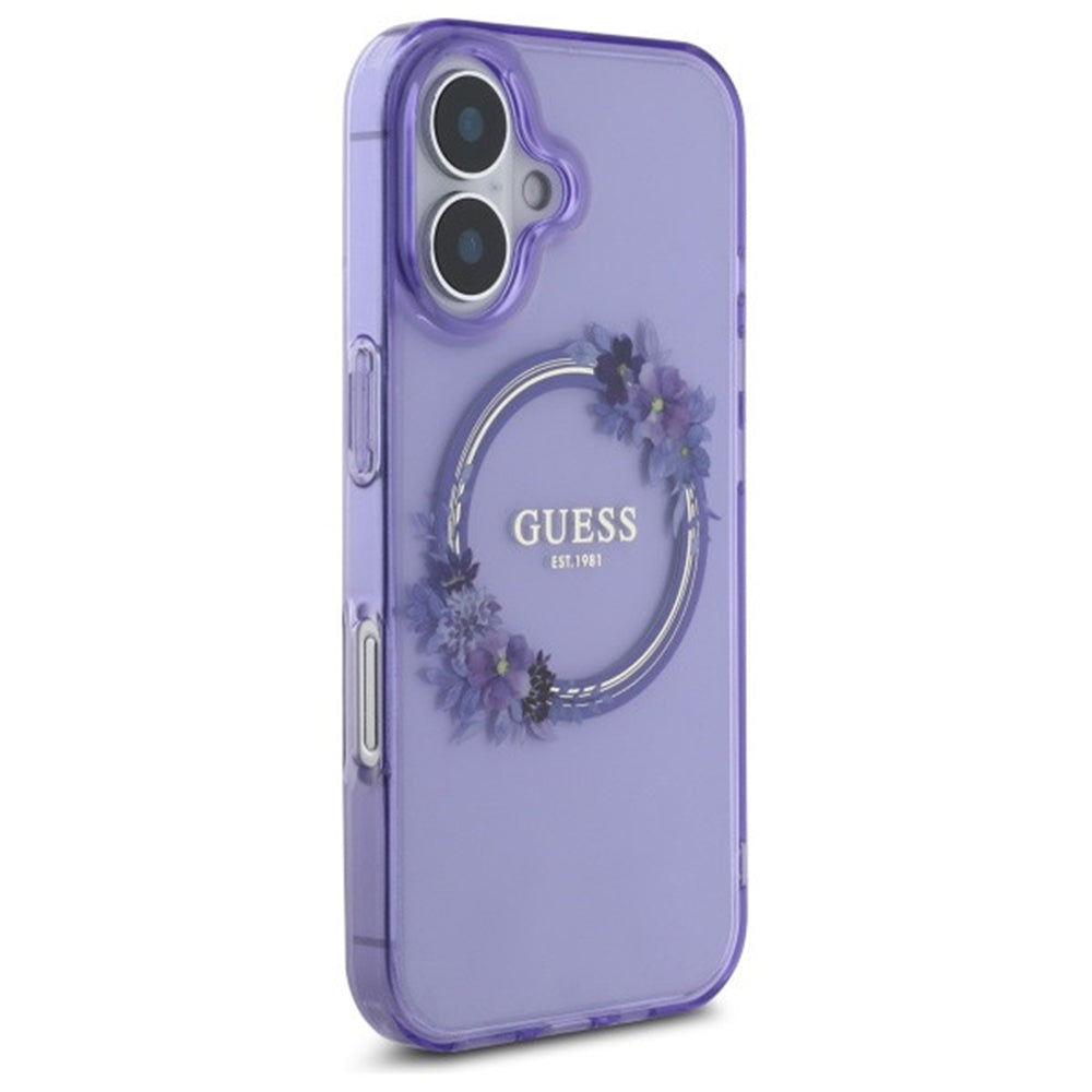 Puzdro MagSafe pre Apple iPhone 16, Guess, IML Flowers Wreath, Fialová