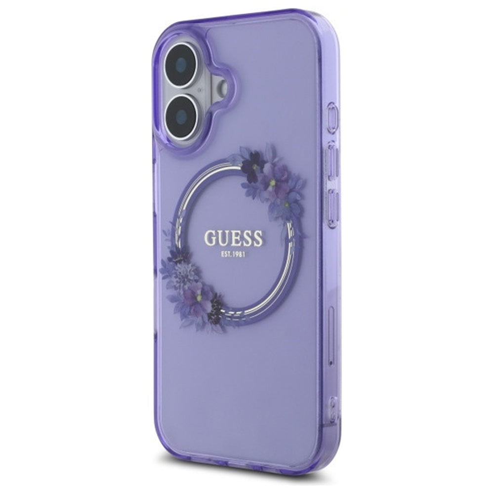Puzdro MagSafe pre Apple iPhone 16, Guess, IML Flowers Wreath, Fialová
