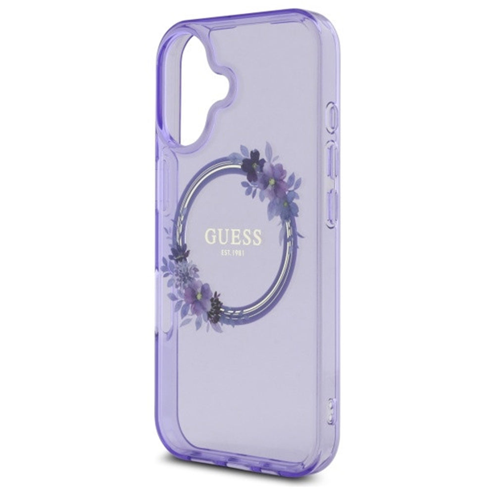 Puzdro MagSafe pre Apple iPhone 16, Guess, IML Flowers Wreath, Fialová