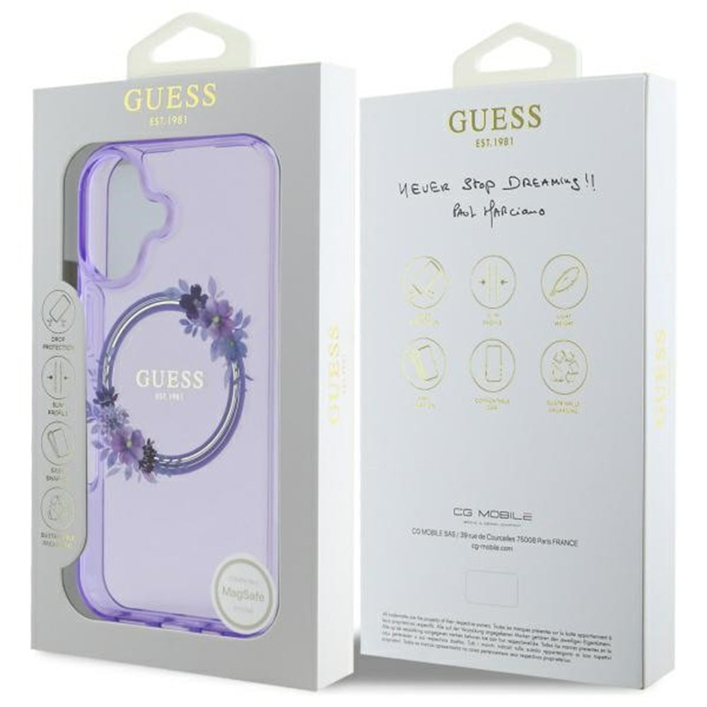 Puzdro MagSafe pre Apple iPhone 16, Guess, IML Flowers Wreath, Fialová