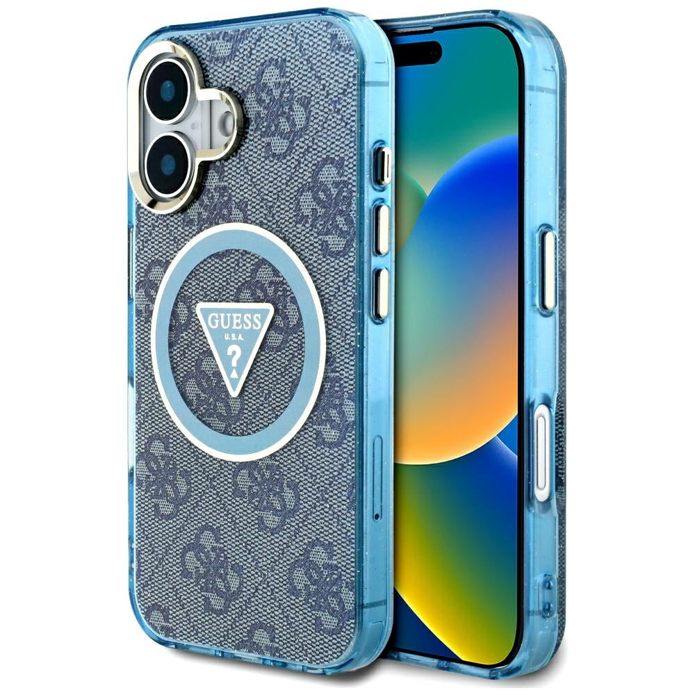 Puzdro MagSafe pre Apple iPhone 16, Guess, IML Glitter 4G Circle Triangle, Modrá