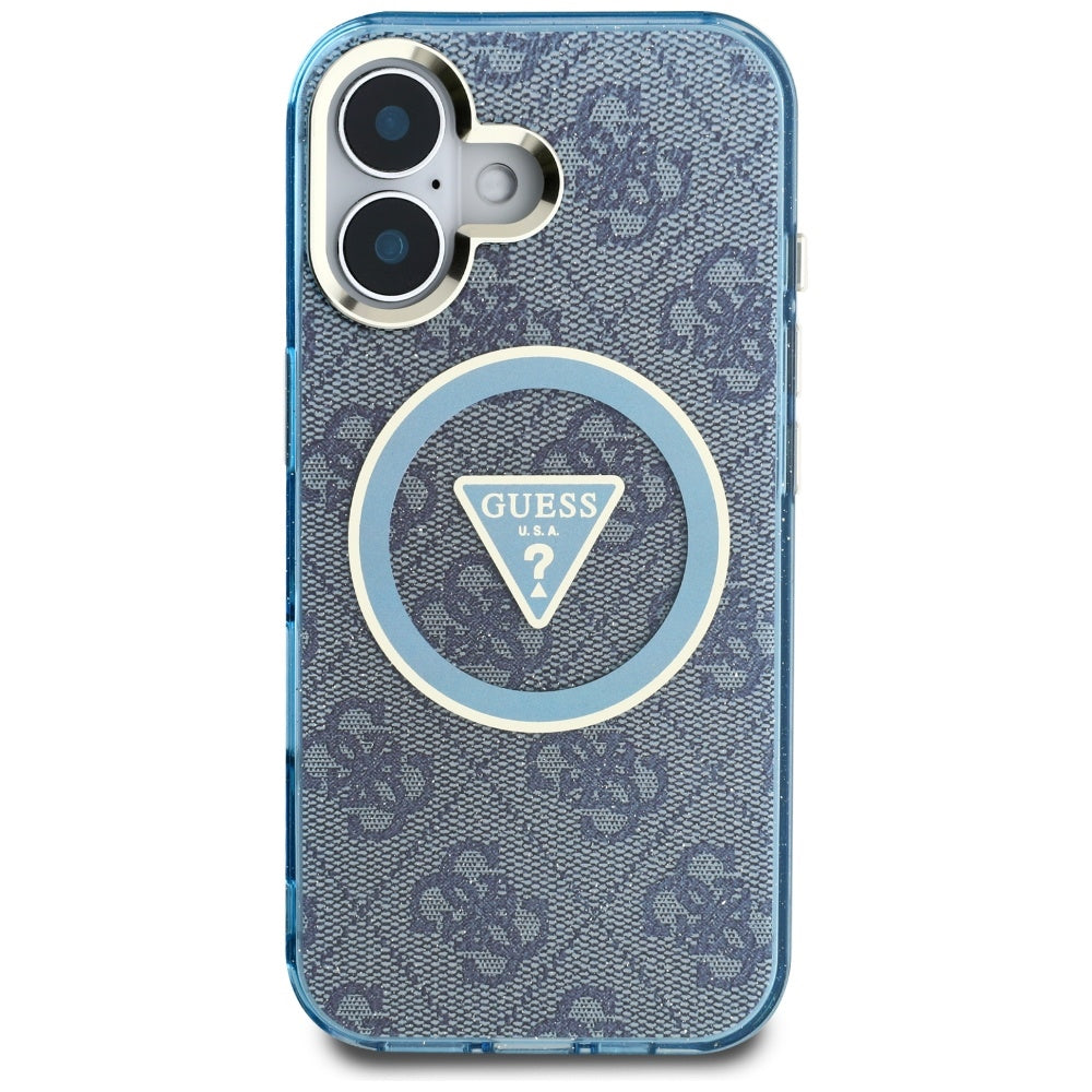 Puzdro MagSafe pre Apple iPhone 16, Guess, IML Glitter 4G Circle Triangle, Modrá