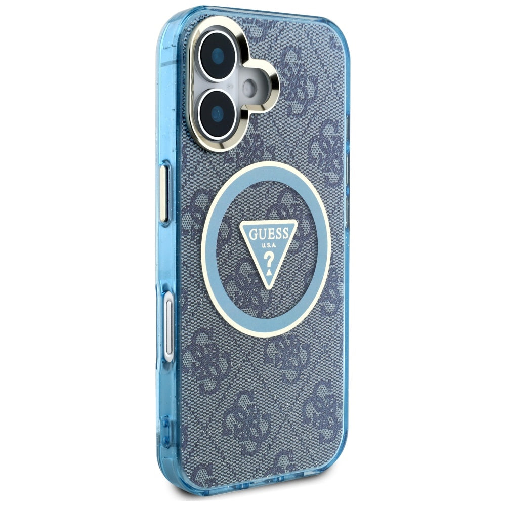 Puzdro MagSafe pre Apple iPhone 16, Guess, IML Glitter 4G Circle Triangle, Modrá