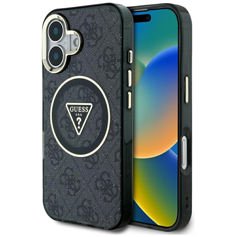 Puzdro MagSafe pre Apple iPhone 16, Guess, IML Glitter 4G Circle Triangle, Čierne