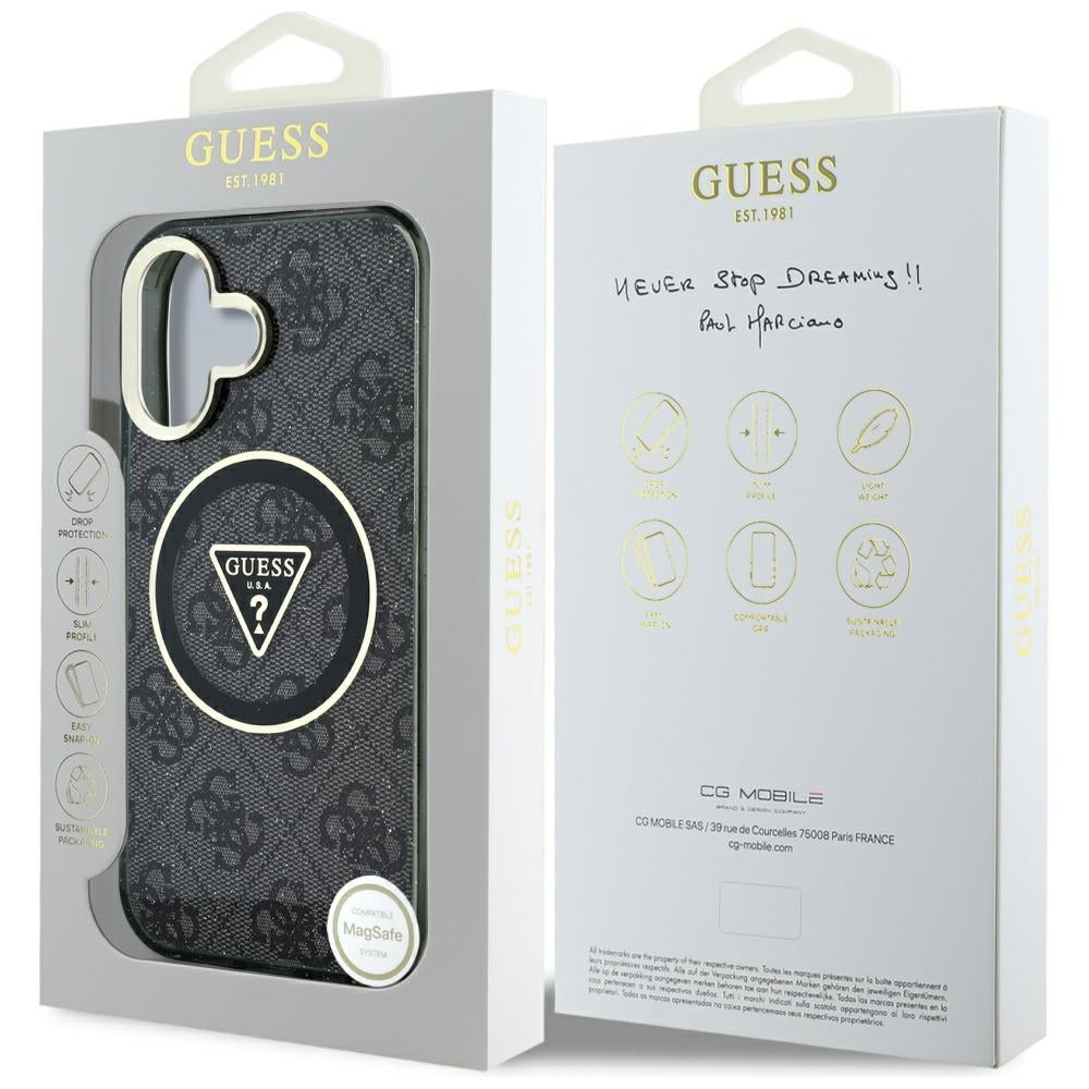 Puzdro MagSafe pre Apple iPhone 16, Guess, IML Glitter 4G Circle Triangle, Čierne