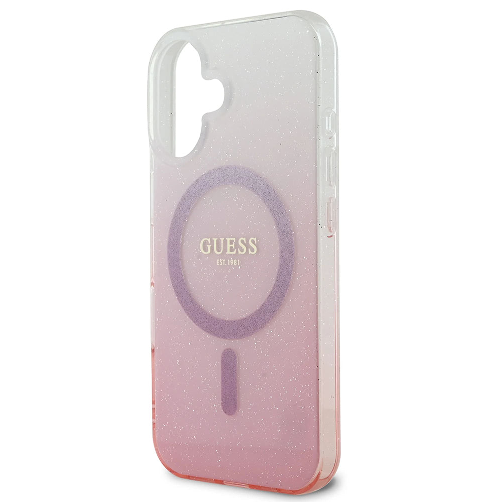 Puzdro MagSafe pre Apple iPhone 16, Guess, IML Glitter Gradient, Ružová