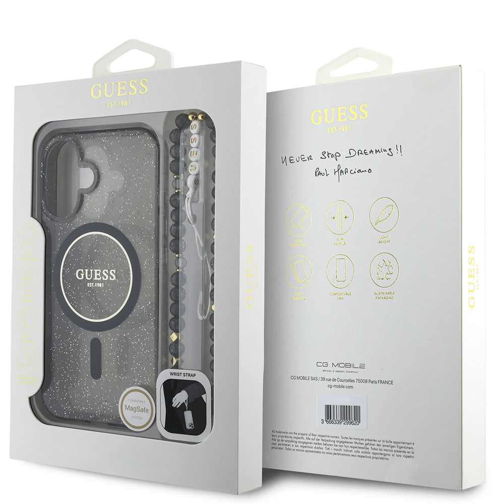MagSafe Case for Apple iPhone 16, Guess, IML Glitter with Pearl Strap, Black