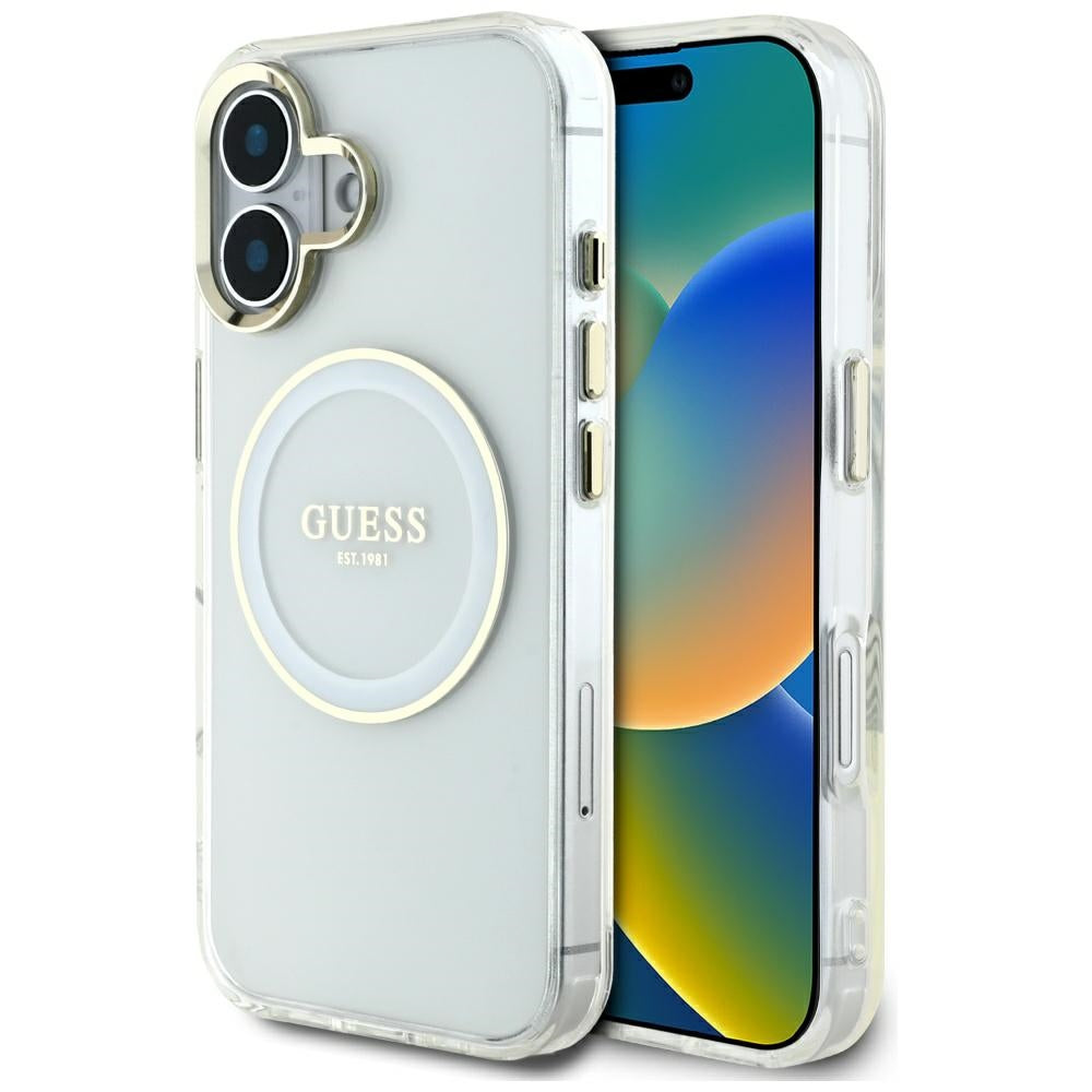 Puzdro MagSafe pre Apple iPhone 16, Guess, IML Metal Colored Circle, Biela