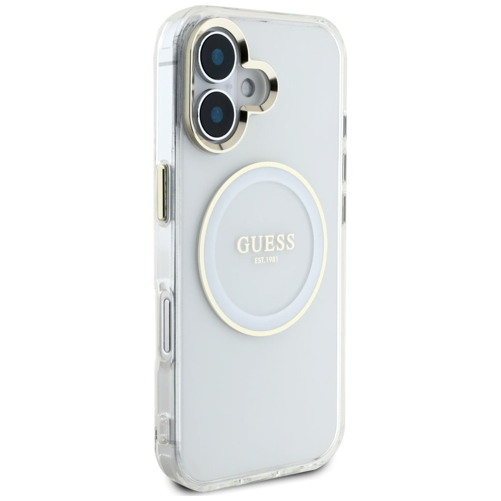 Puzdro MagSafe pre Apple iPhone 16, Guess, IML Metal Colored Circle, Biela