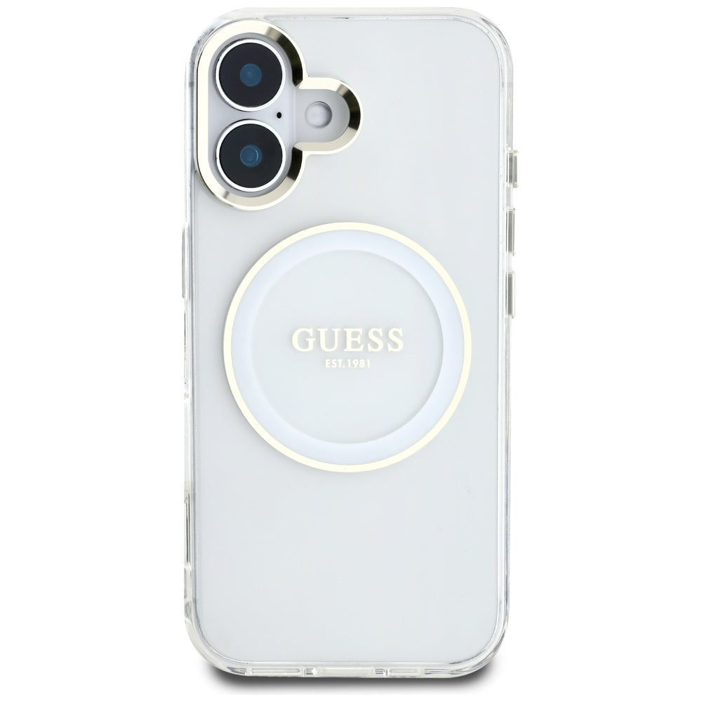 Puzdro MagSafe pre Apple iPhone 16, Guess, IML Metal Colored Circle, Biela