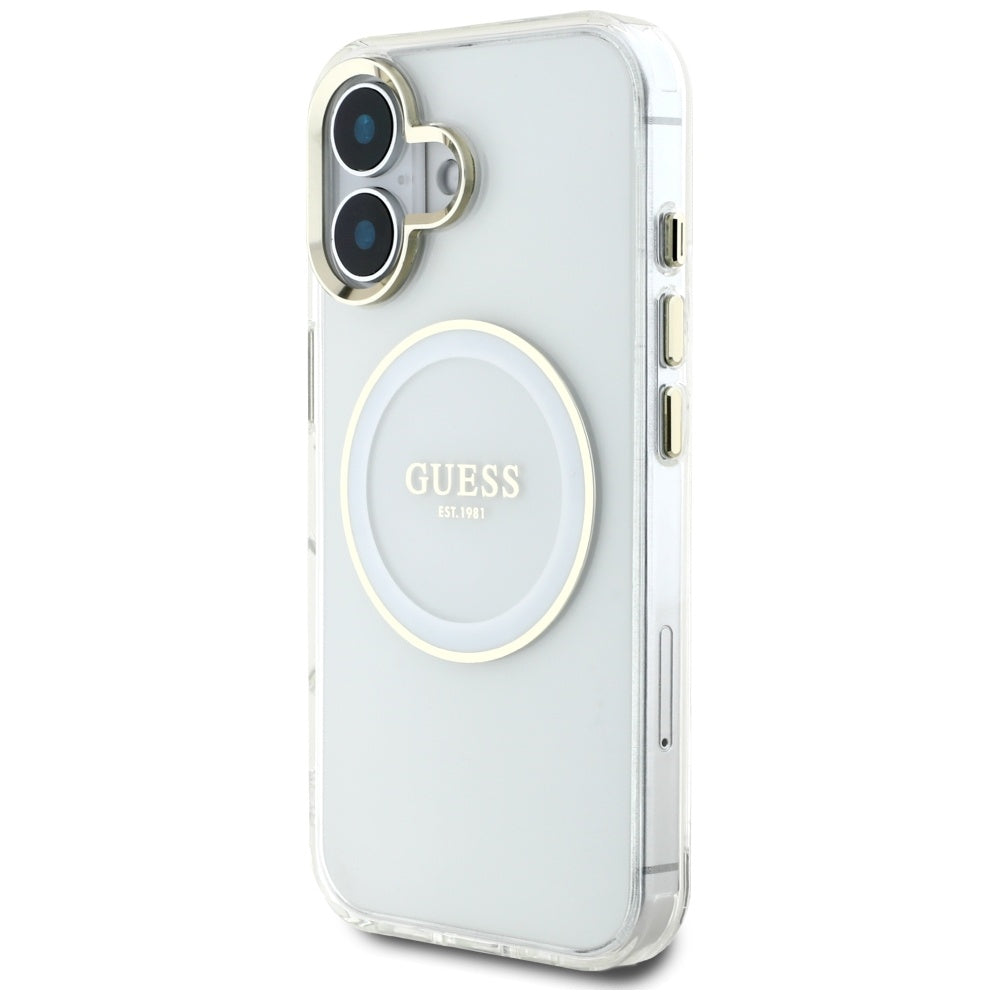 Puzdro MagSafe pre Apple iPhone 16, Guess, IML Metal Colored Circle, Biela