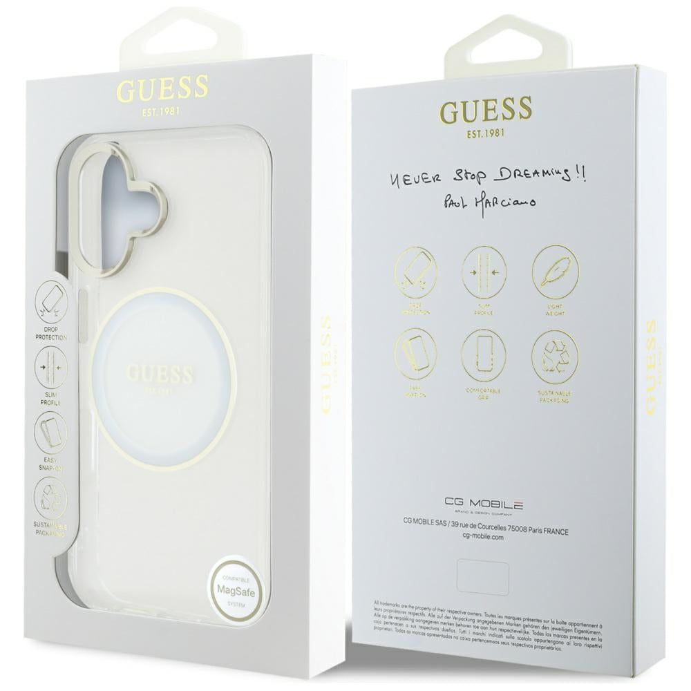 Puzdro MagSafe pre Apple iPhone 16, Guess, IML Metal Colored Circle, Biela