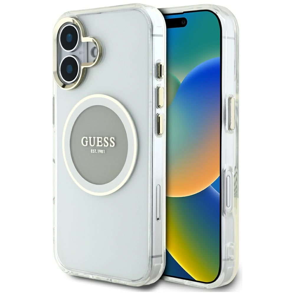 Puzdro MagSafe pre Apple iPhone 16, Guess, IML Metal Colored Circle, Sivá