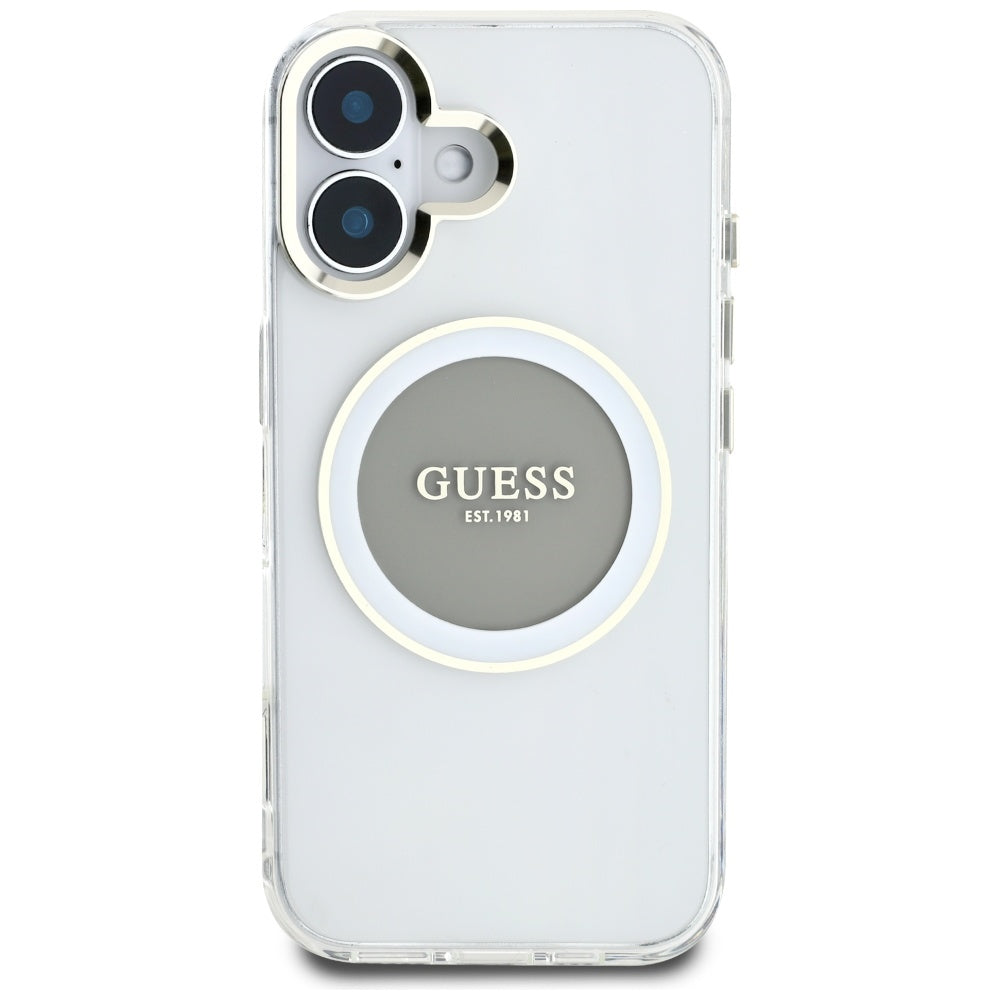 Puzdro MagSafe pre Apple iPhone 16, Guess, IML Metal Colored Circle, Sivá