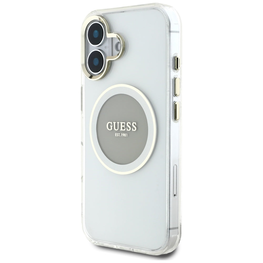 Puzdro MagSafe pre Apple iPhone 16, Guess, IML Metal Colored Circle, Sivá