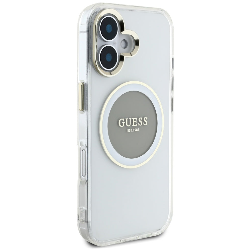 Puzdro MagSafe pre Apple iPhone 16, Guess, IML Metal Colored Circle, Sivá