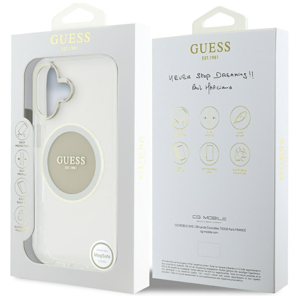 Puzdro MagSafe pre Apple iPhone 16, Guess, IML Metal Colored Circle, Sivá
