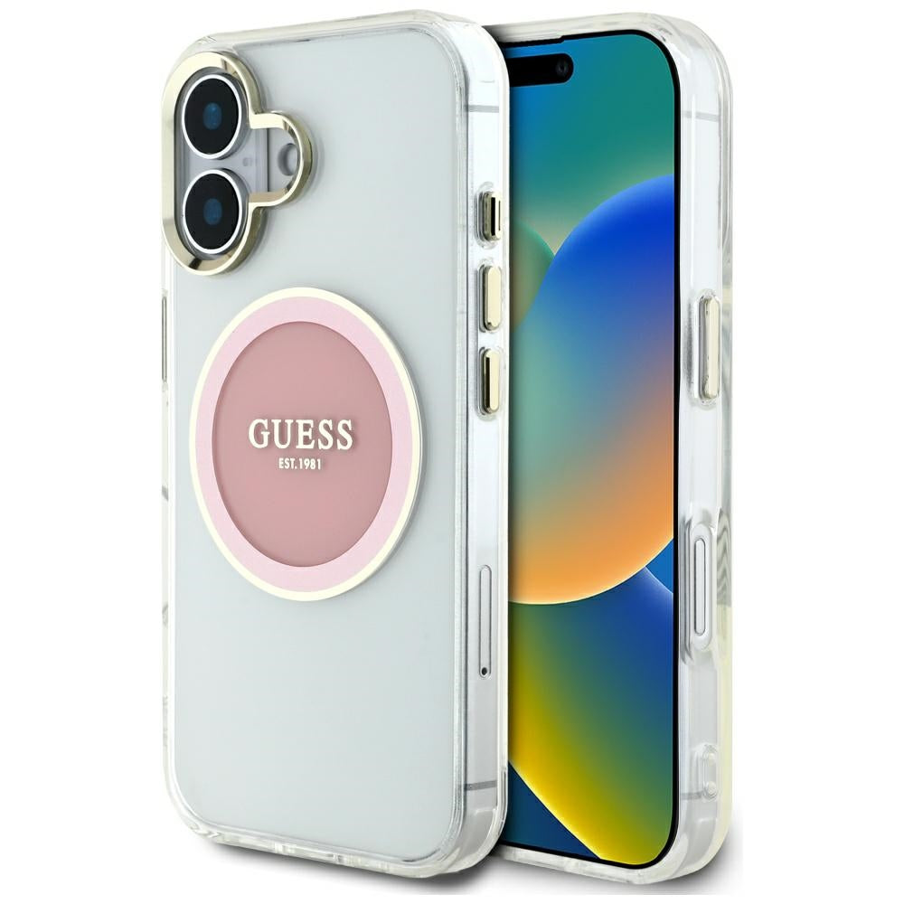 Puzdro MagSafe pre Apple iPhone 16, Guess, IML Metal Colored Circle, Ružová