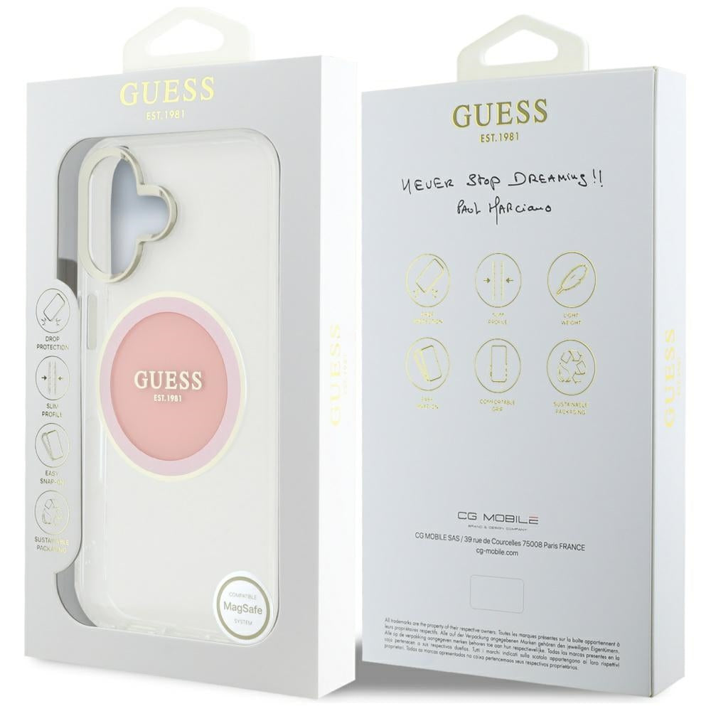 Puzdro MagSafe pre Apple iPhone 16, Guess, IML Metal Colored Circle, Ružová