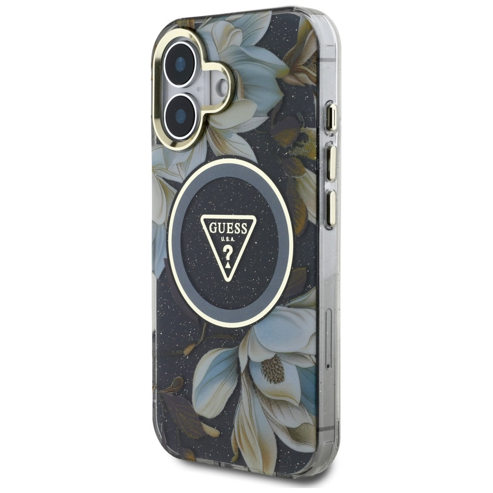 Puzdro MagSafe pre Apple iPhone 16, Guess, IML Metal Glitter Flowers Triangle, Čierne