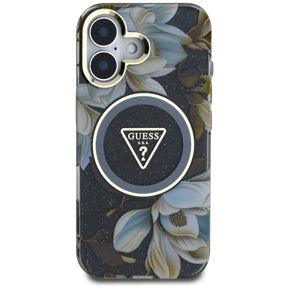 Puzdro MagSafe pre Apple iPhone 16, Guess, IML Metal Glitter Flowers Triangle, Čierne