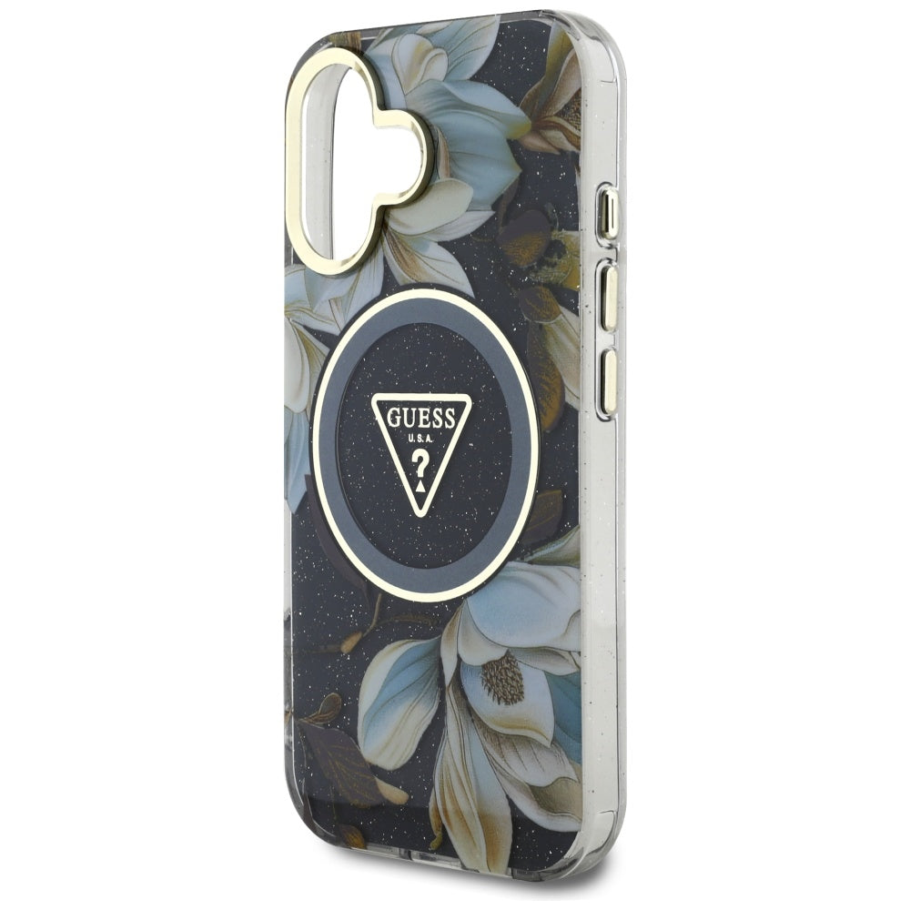 Puzdro MagSafe pre Apple iPhone 16, Guess, IML Metal Glitter Flowers Triangle, Čierne