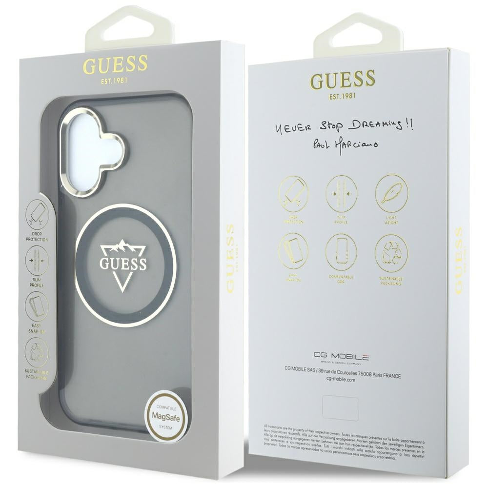 Puzdro MagSafe pre Apple iPhone 16, Guess, IML Metal Mountain Logo, Čierne