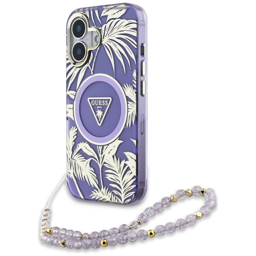 Puzdro MagSafe pre Apple iPhone 16, Guess, IML Palm Trees Triangle with Pearl Strap, Fialové